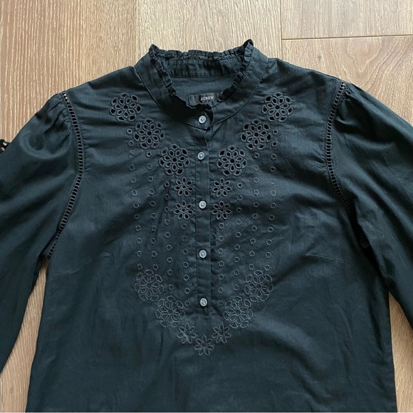 J. Crew Ruffle Sleeve Top Blouse Embroidered Eyelet Black Button Down - Picture 3 of 15